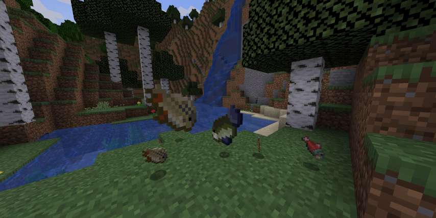 Image of several fish in Minecraft of varying sizes.
